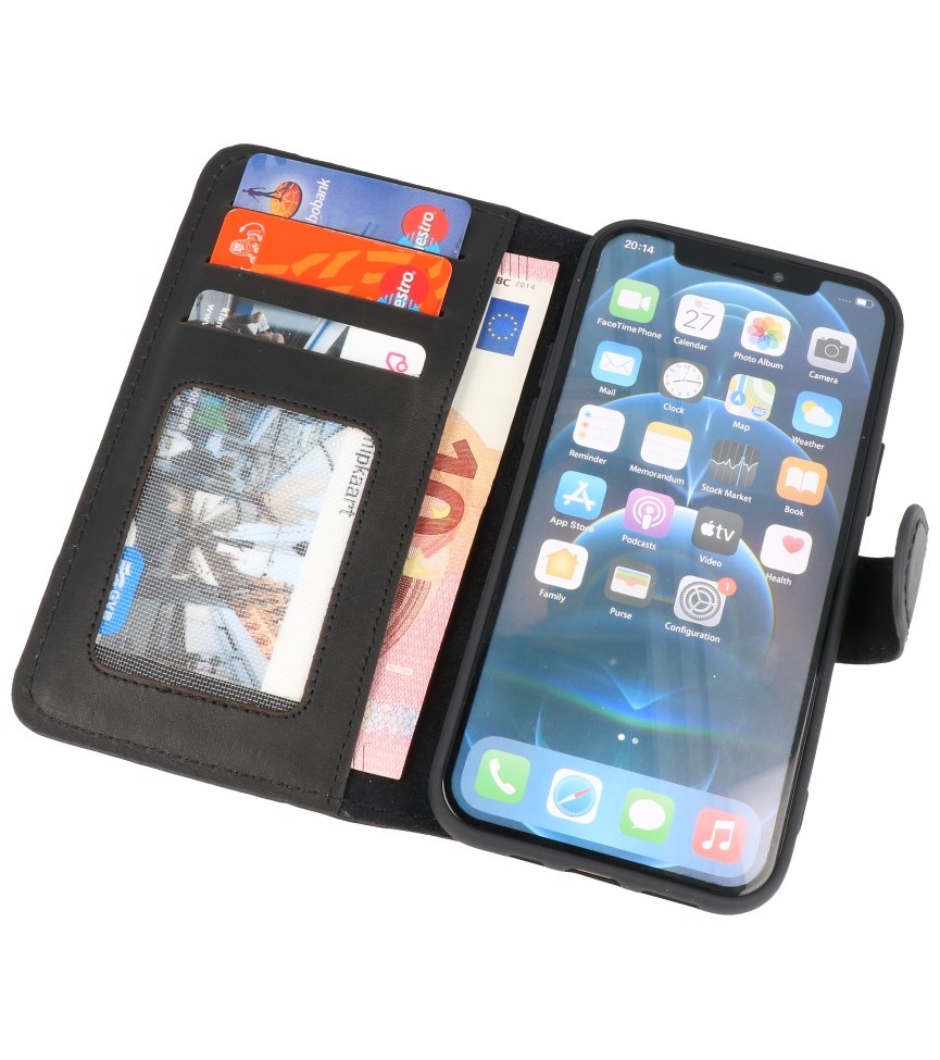 Custodia a libro in pelle 2 in 1 MF fatta a mano per iPhone 12 Mini nera