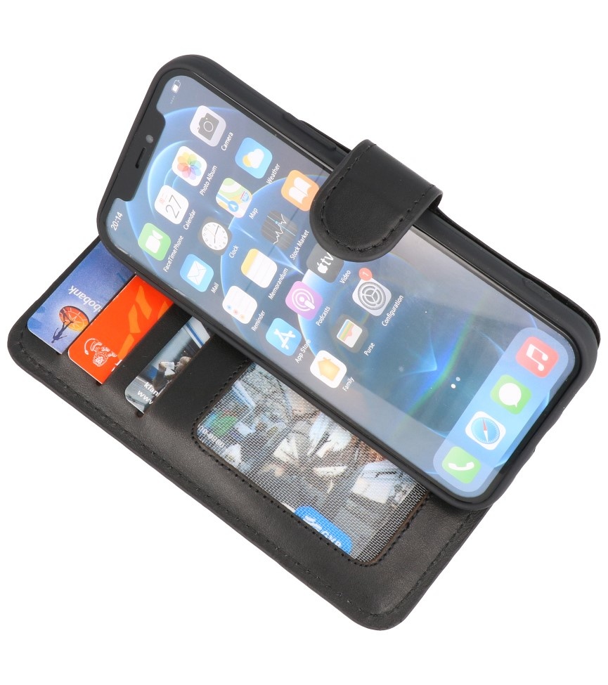 Custodia a libro in pelle 2 in 1 MF fatta a mano per iPhone 12 Mini nera