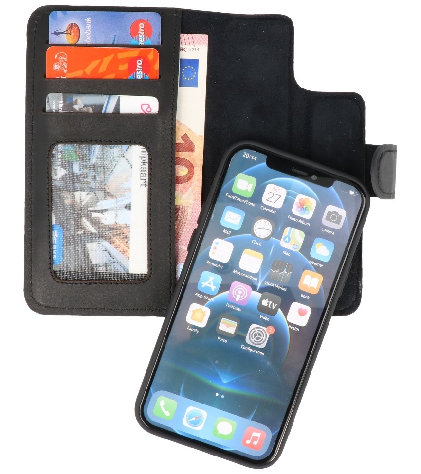 Custodia a libro in pelle 2 in 1 MF fatta a mano per iPhone 12 Mini nera