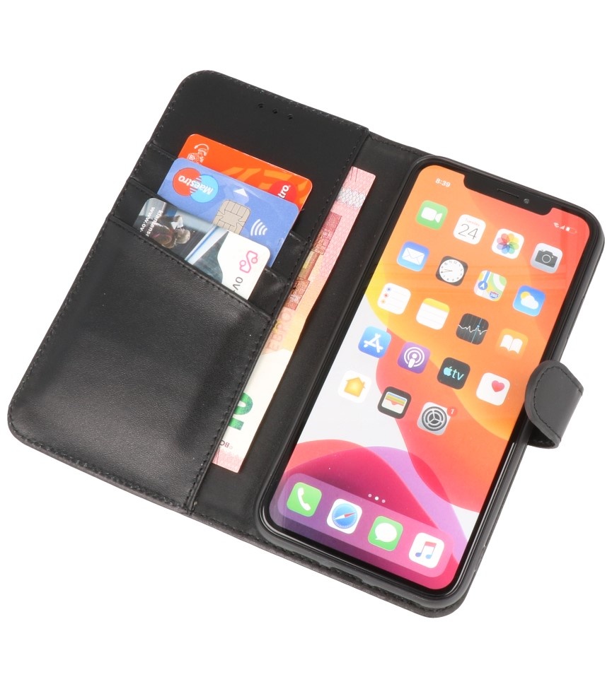 Echt Lederen Hoesje Wallet Case voor iPhone XS Max Zwart