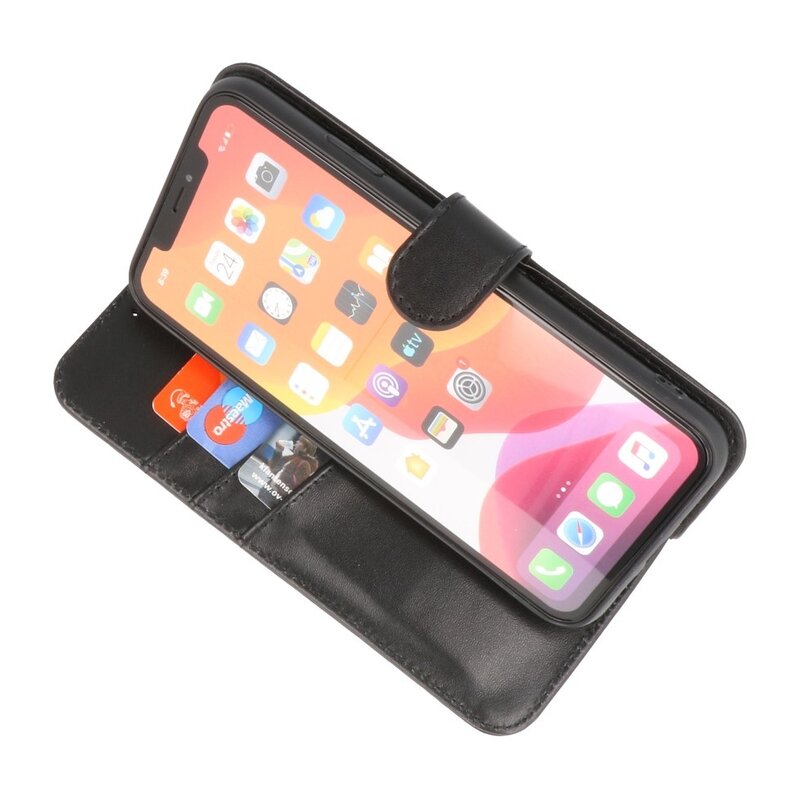 Echt Lederen Hoesje Wallet Case voor iPhone XR Zwart