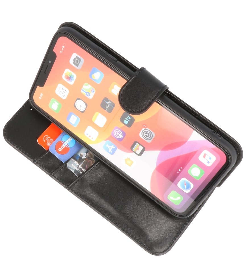 Echt Lederen Hoesje Wallet Case voor iPhone XR Zwart
