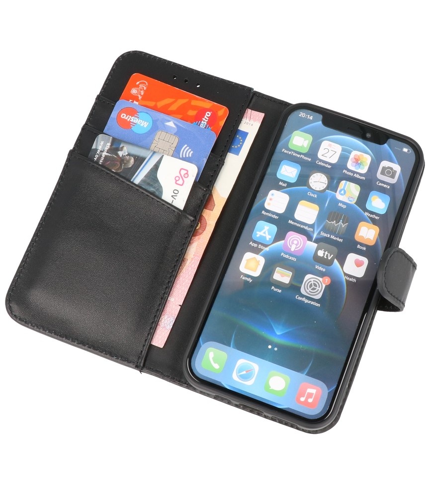 Echt Lederen Hoesje Wallet Case voor iPhone 13 Mini Zwart