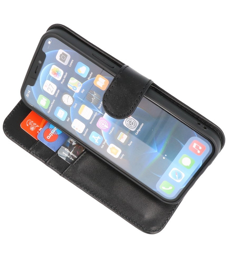 Etui portefeuille en cuir véritable pour iPhone 13 Noir