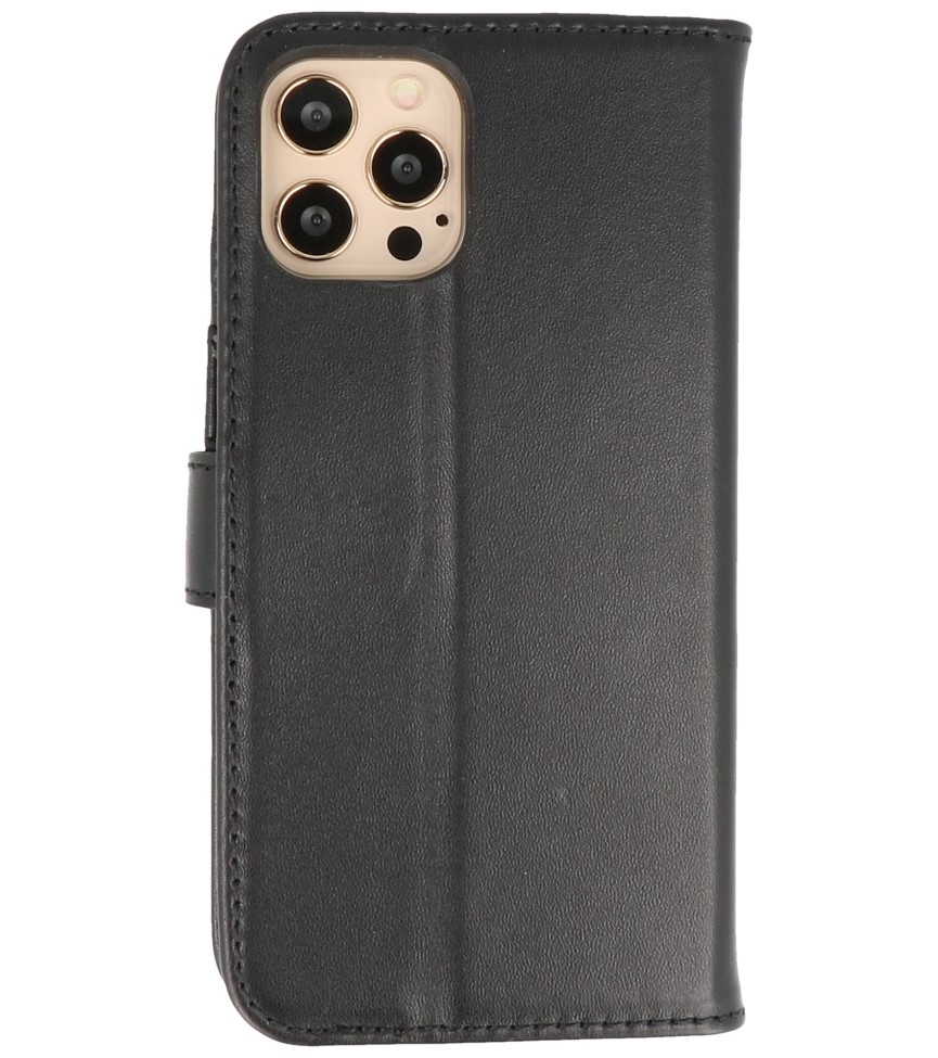 Echt Lederen Hoesje Wallet Case voor iPhone 12 Pro Max Zwart