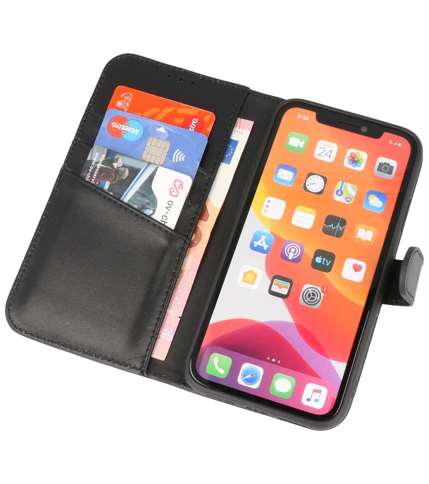 Echt Lederen Hoesje Wallet Case voor iPhone 11 Zwart