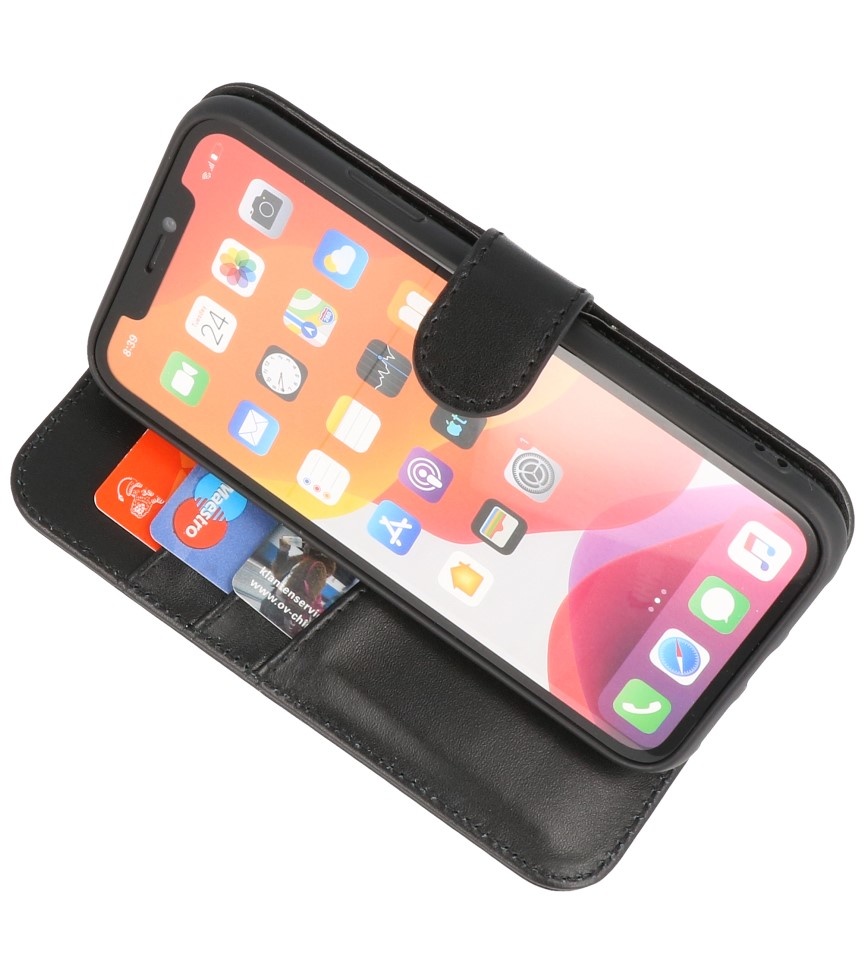 Echt Lederen Hoesje Wallet Case voor iPhone 11 Zwart