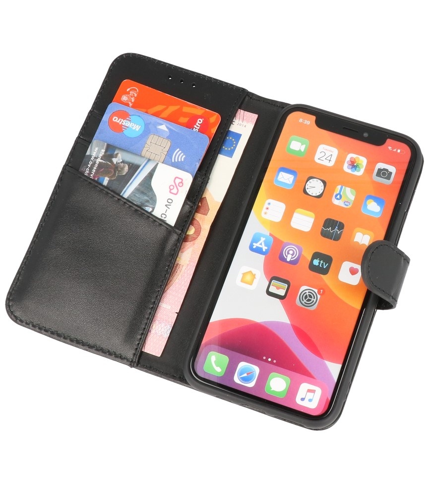 Echt Lederen Hoesje Wallet Case voor iPhone 11 Pro Zwart