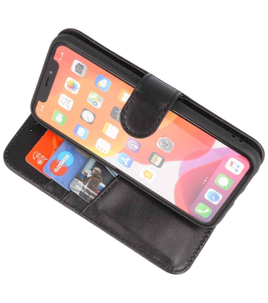 Echt Lederen Hoesje Wallet Case voor iPhone 11 Pro Zwart