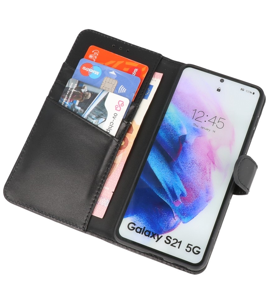 Echt Lederen Hoesje Wallet Case Samsung Galaxy S21 Zwart