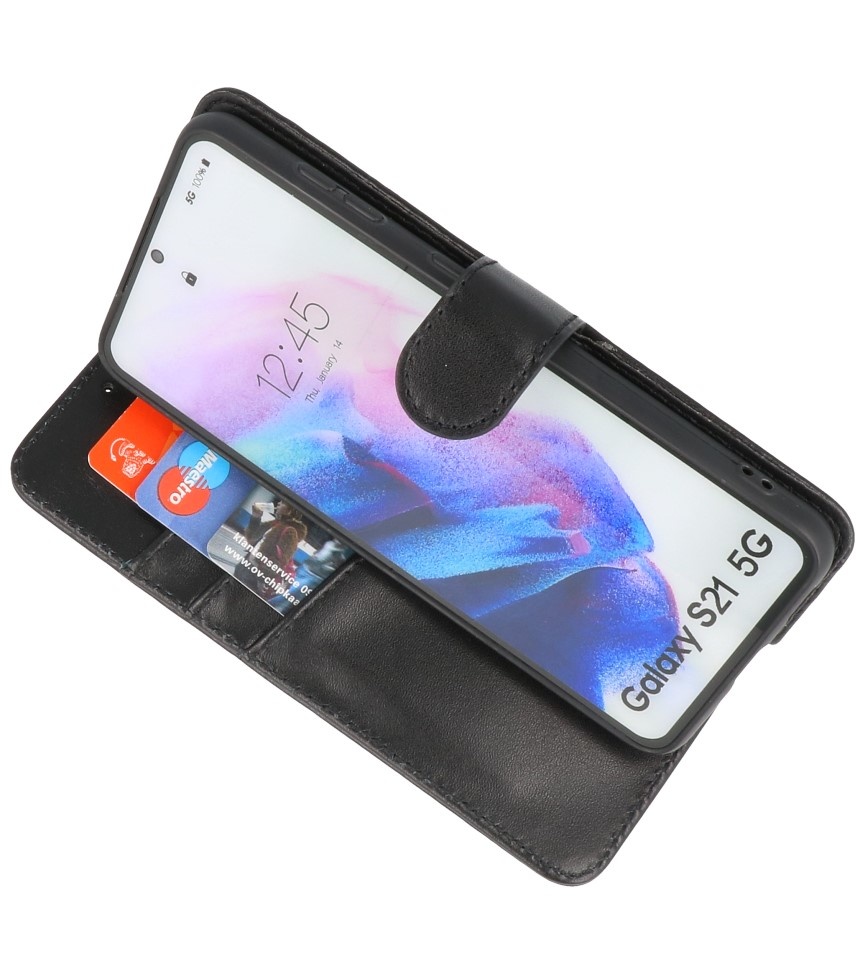 Echt Lederen Hoesje Wallet Case Samsung Galaxy S21 Zwart