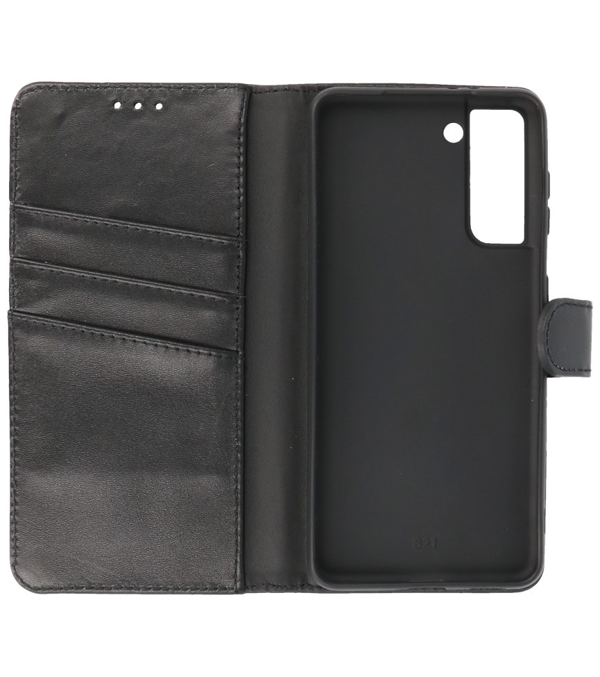 Echt Lederen Hoesje Wallet Case Samsung Galaxy S21 Zwart