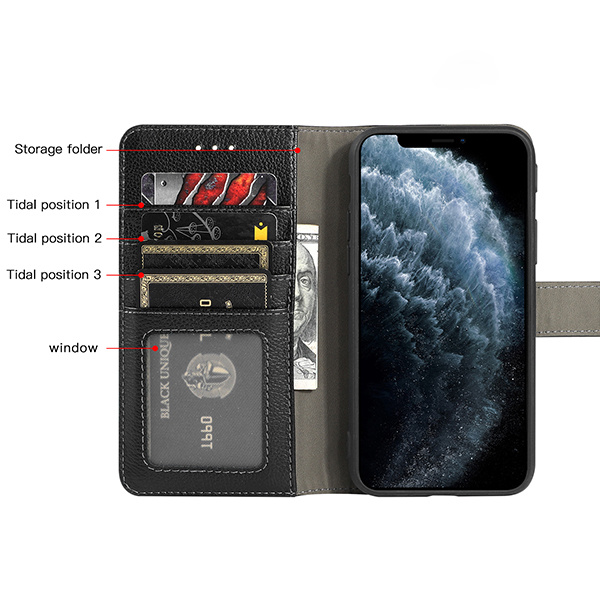 Étui en cuir véritable pour iPhone 11 Pro Max Noir