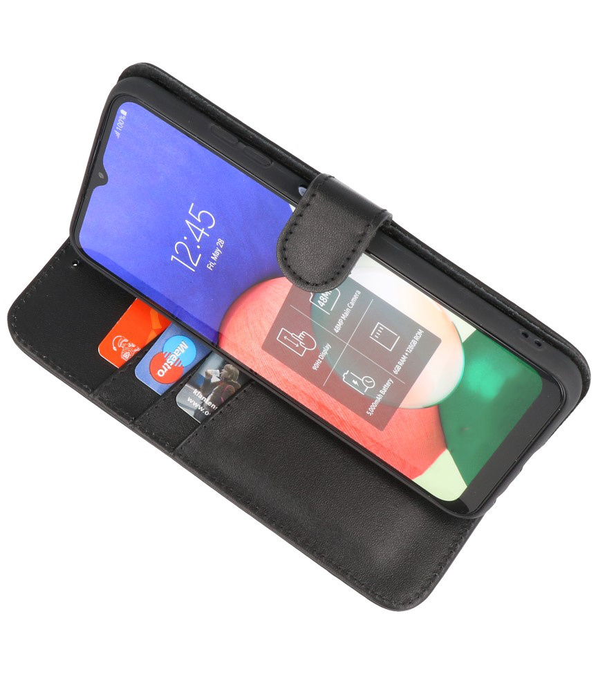 Echt Lederen Wallet Cases Hoesje voor Samsung Galaxy A13 4G Zwart