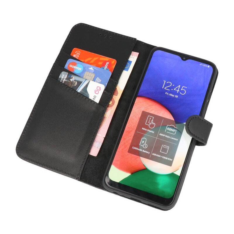 Echt Lederen Wallet Cases Hoesje voor Samsung Galaxy A22 4G Zwart