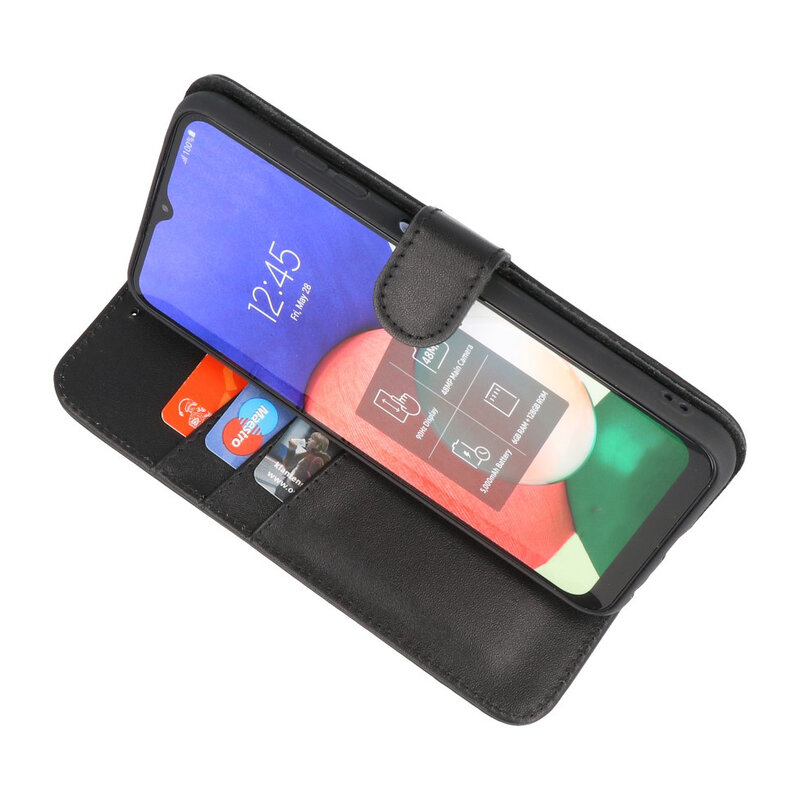 Echt Lederen Wallet Cases Hoesje voor Samsung Galaxy A22 4G Zwart