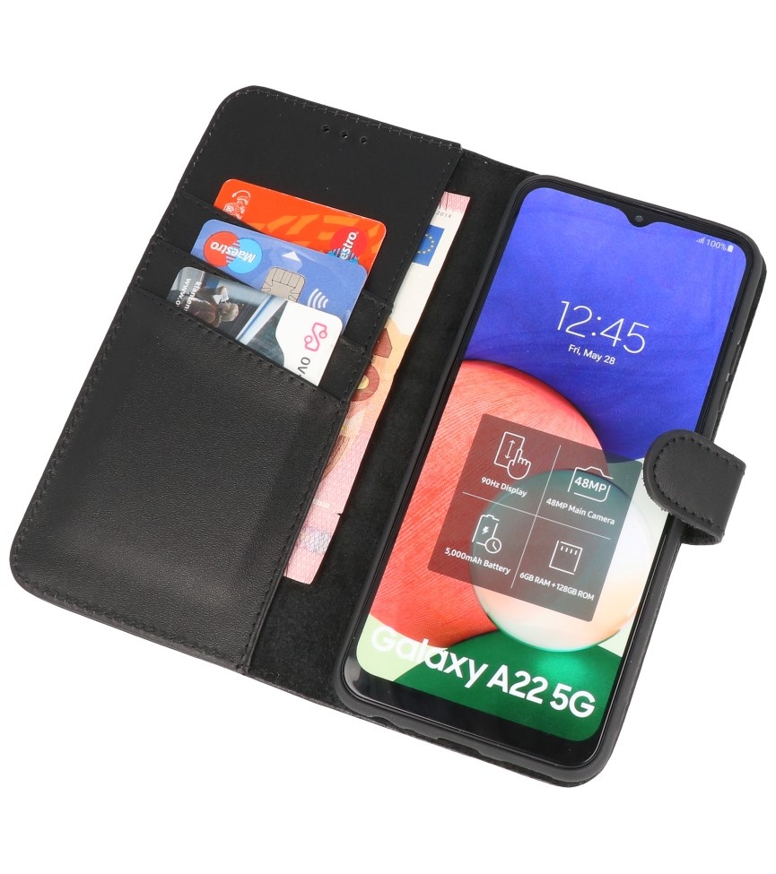 Echtes Leder Wallet Cases Cover für Samsung Galaxy A22 5G Schwarz