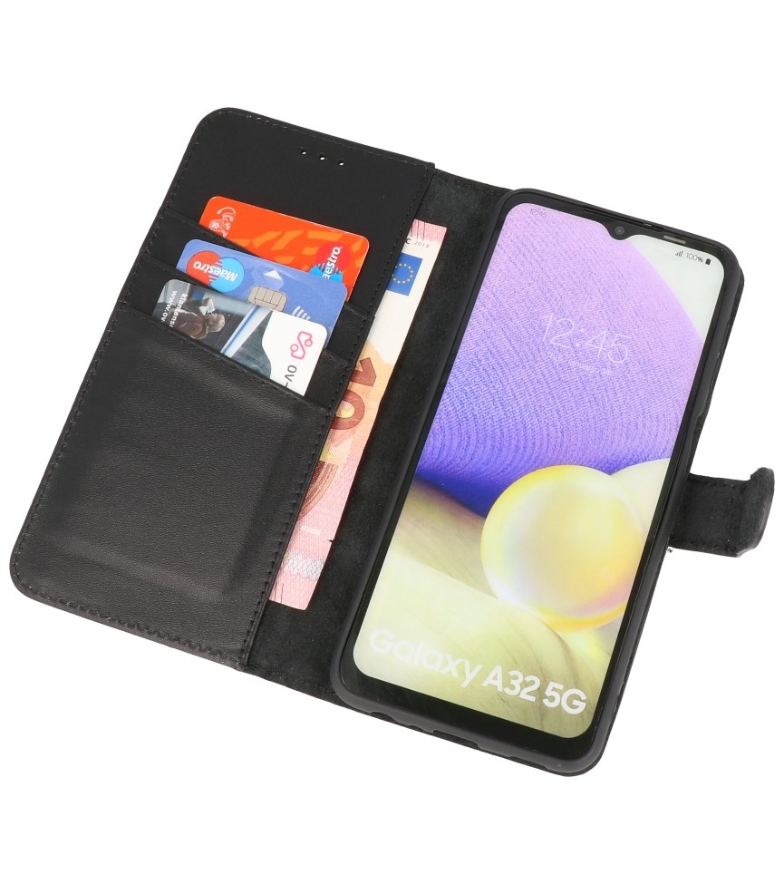 Echtes Leder Wallet Cases Cover für Samsung Galaxy A32 5G Schwarz