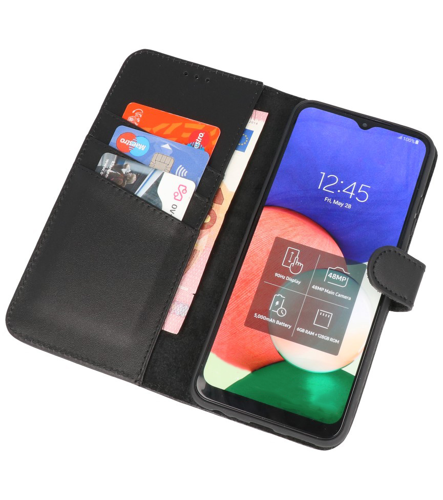 Echt Lederen Wallet Cases Hoesje voor Samsung Galaxy A33 5G Zwart