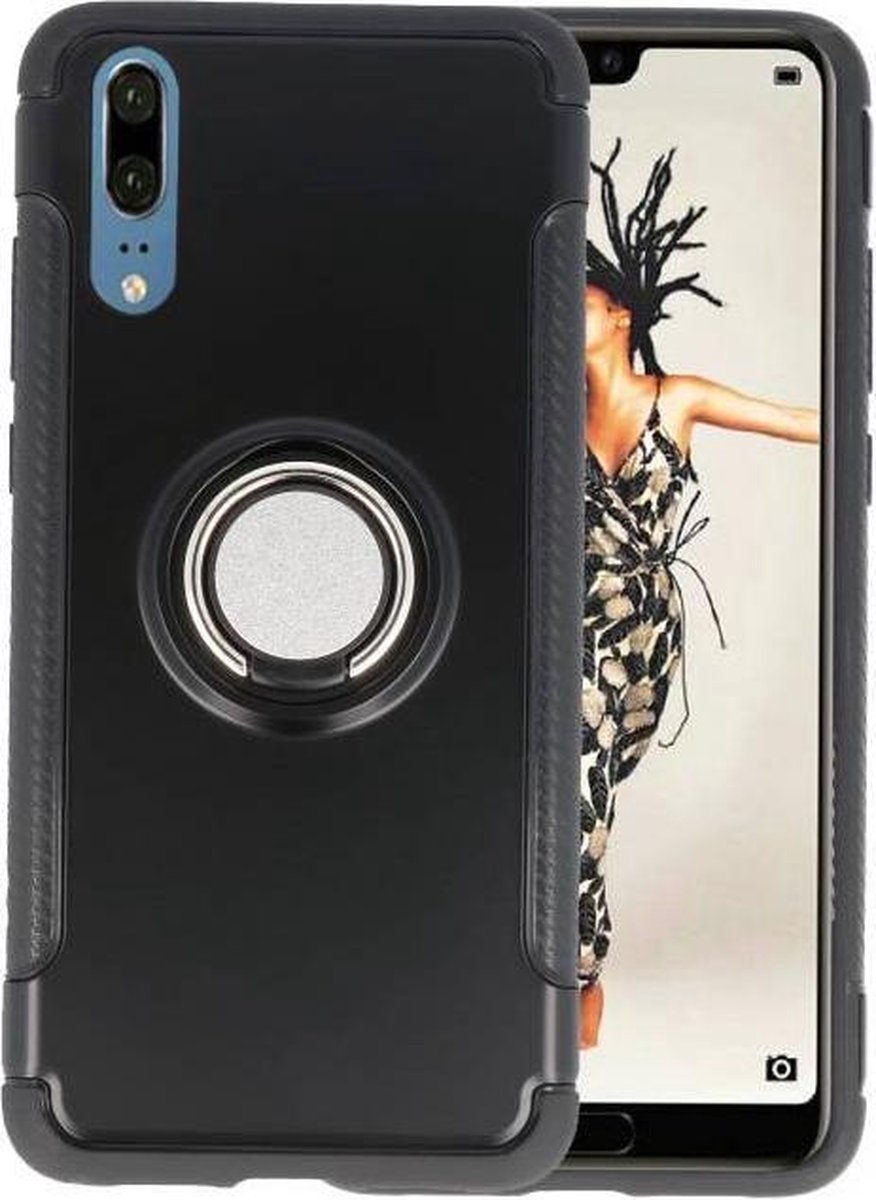 Pantser TPU Hoesje Ring Houder voor Huawei P20 Zwart