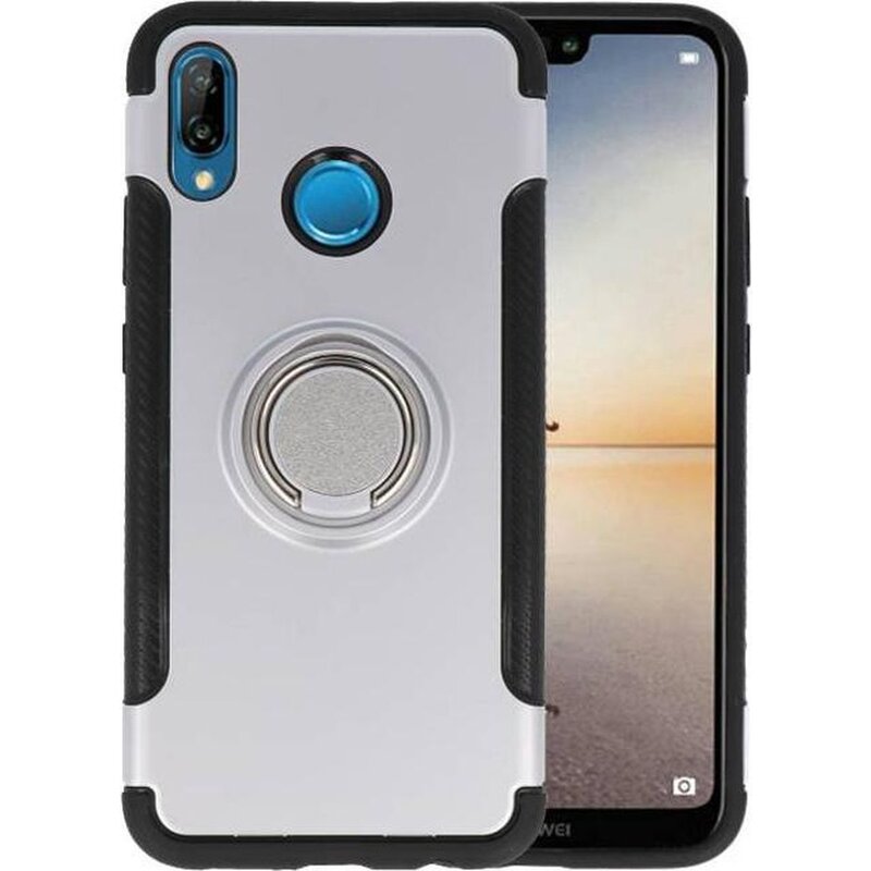 Pantser TPU Hoesje Ring Houder voor Huawei P20 Lite Zilver