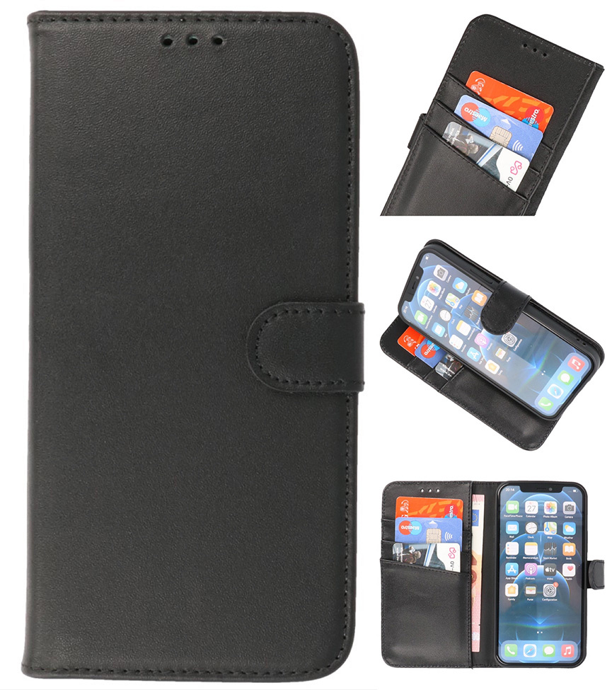 Echt Lederen Hoesje Wallet Case voor iPhone 14 Zwart