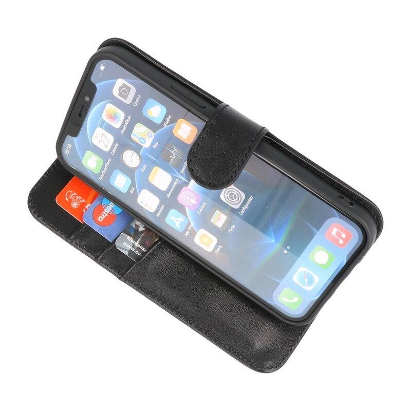 Custodia a portafoglio in vera pelle per iPhone 14 Pro nera