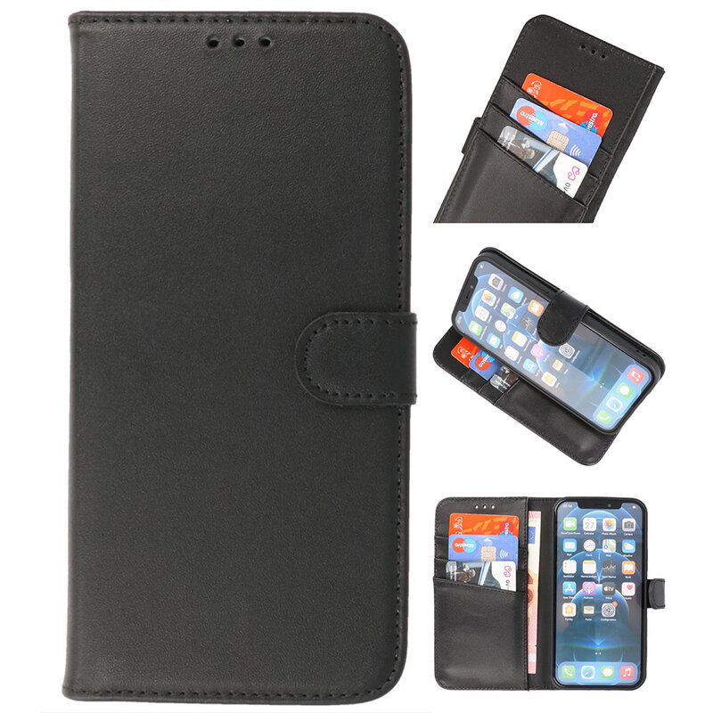 Echt Lederen Hoesje Wallet Case voor iPhone 14 Pro Max Zwart