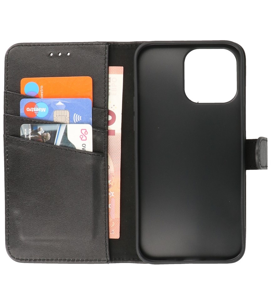Echt Lederen Hoesje Wallet Case voor iPhone 14 Pro Zwart