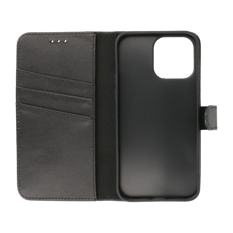 Echt Lederen Hoesje Wallet Case voor iPhone 14 Pro Max Zwart