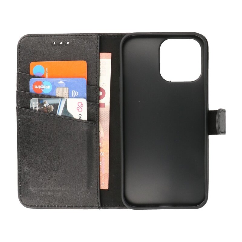 Echt Lederen Hoesje Wallet Case voor iPhone 14 Pro Max Zwart