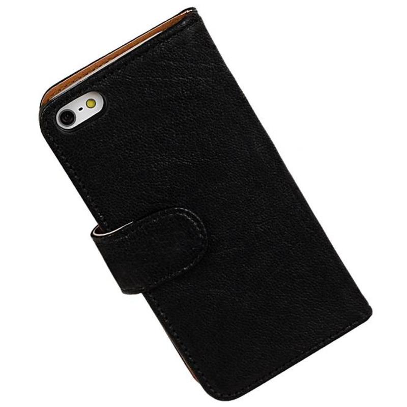 Vasket Læder Book Style Taske til iPhone 6 Plus Sort