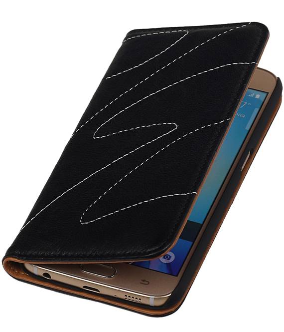Vasket Læder Mappe Taske til Galaxy S6 G920F Sort