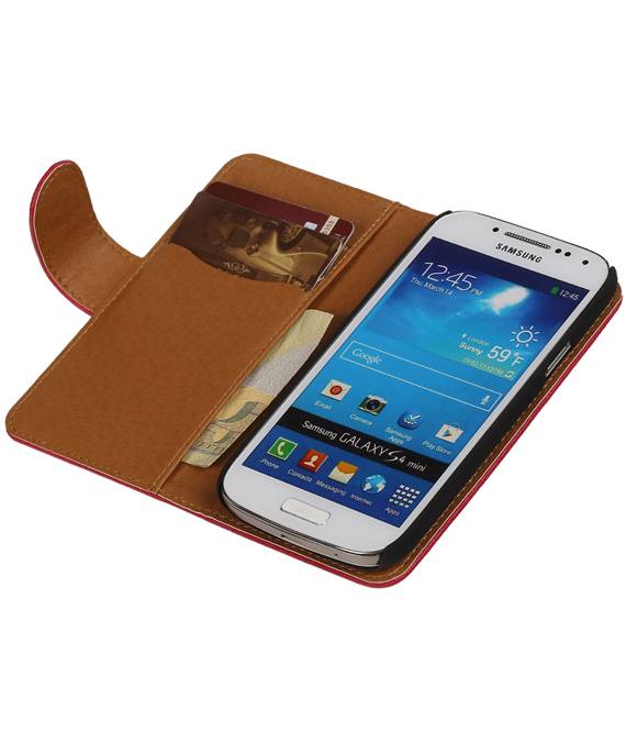 Vasket Læder Book Style Taske til Galaxy S4 mini i9190 Pink