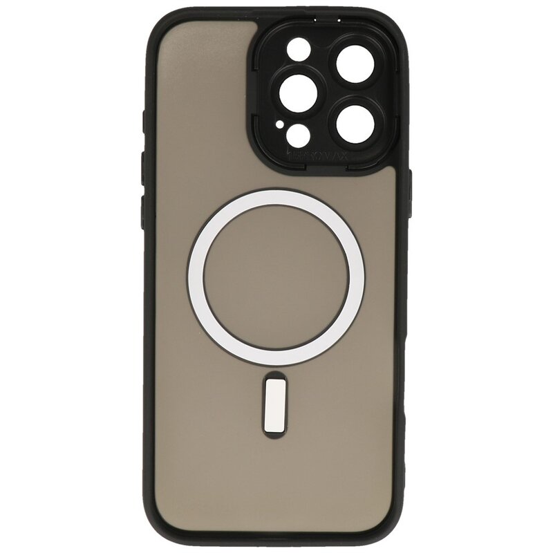 Custodia Magsafe opaca-trasparente con protezione per fotocamera per iPhone 15 Pro, nera