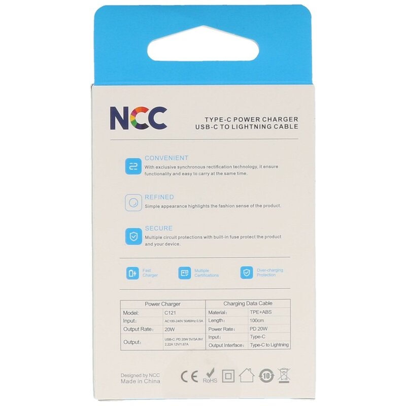 NCC Oplader NCC Oplader Sæt C121 Type-C til Lightning 20W Hvid