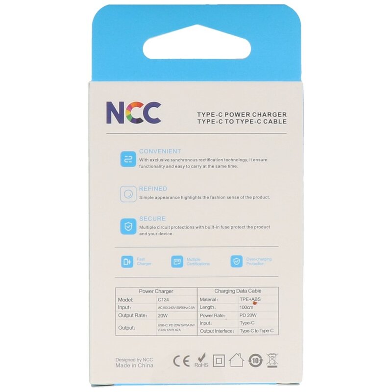 NCC Opladers Juego de Cargador NCC C124 Tipo-C a Tipo C 20W Blanco