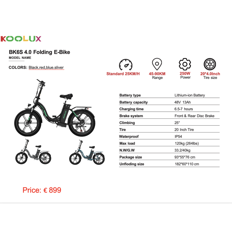 KOOLUX Bicicletta elettrica KOOLUX - E-bike pieghevole - 250W - 45-90 KM - BK6S 4.0 - Nero