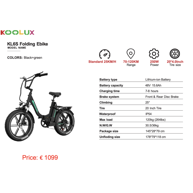 KOOLUX Bicicleta eléctrica KOOLUX - Plegable - 250W - 70-120 KM - KL6S - Negra