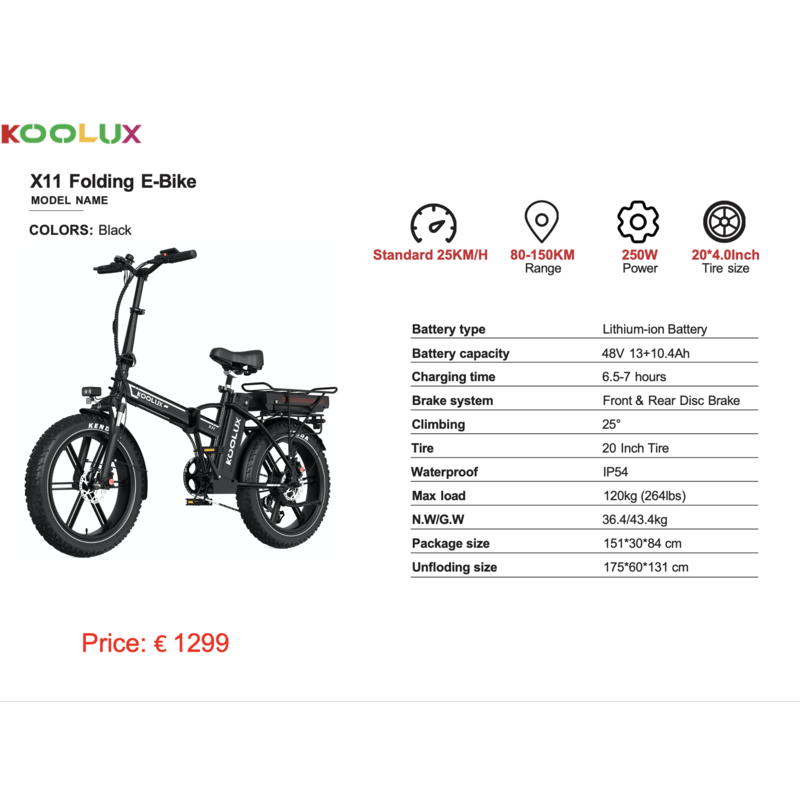KOOLUX Elcykel - Sammenfoldelig E-cykel - 250W - 80-150 KM -X11 - Sort