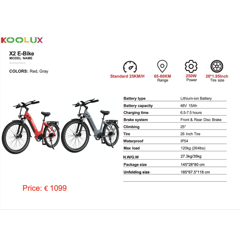 KOOLUX Vélo électrique KOOLUX - E-bike - 250 W - 65-80 km - Lot de 2 - Rouge
