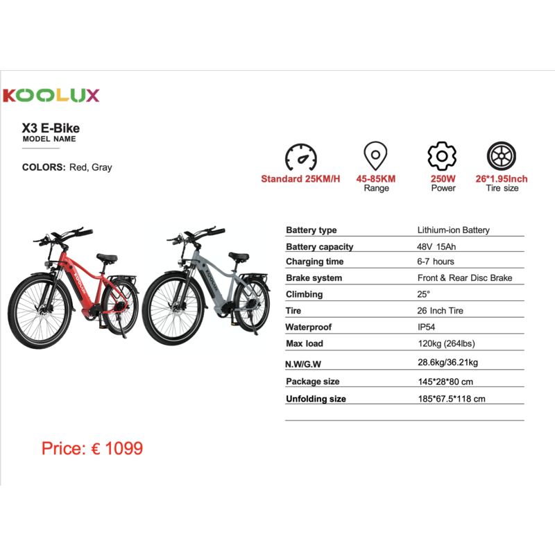 KOOLUX electric bicycle - E-bike - 250W - 45-85 KM - X3 - Gray
