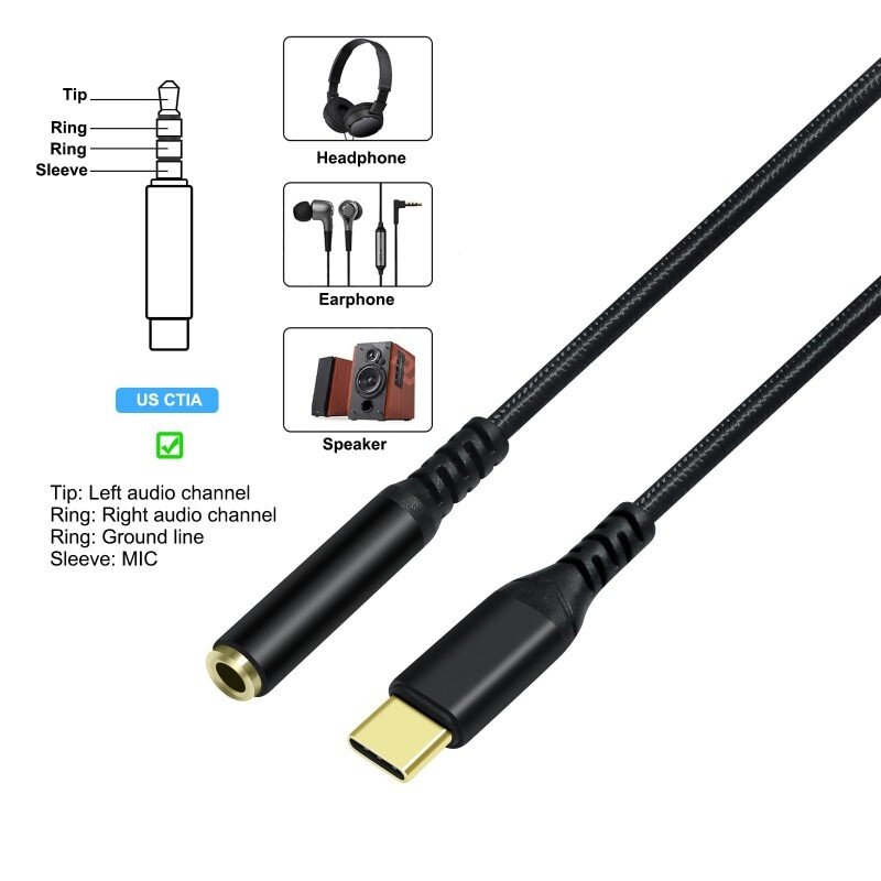 DTECH Câble adaptateur audio USB-C vers 3,5 mm - DCH-2930 - Noir