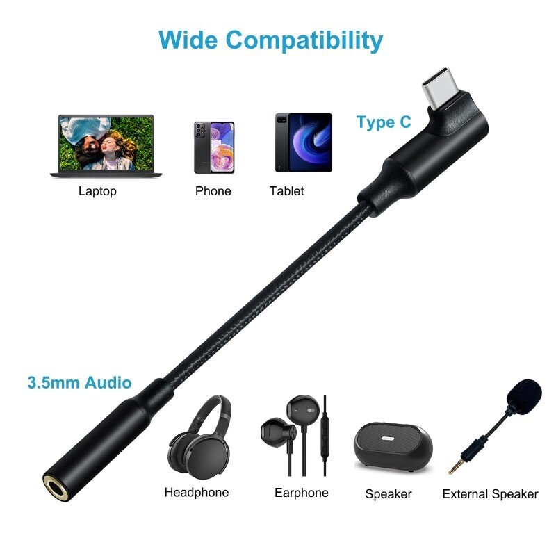 DTECH USB-C Right-Angle to 3.5mm Audio Adapter Cable - DCH-2932 - Black