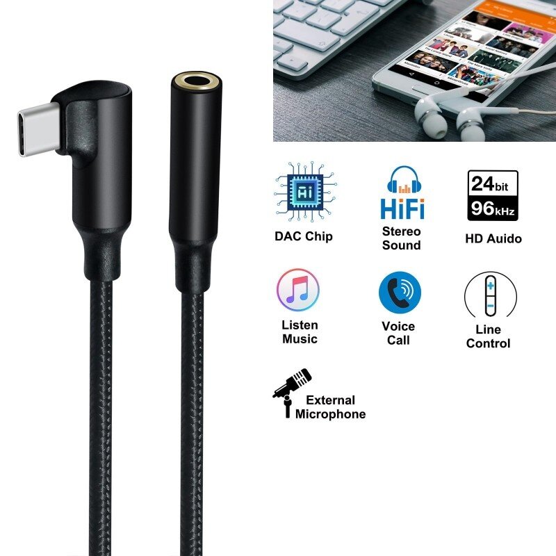 DTECH Câble adaptateur audio USB-C coudé vers 3,5 mm - DCH-2932 - Noir