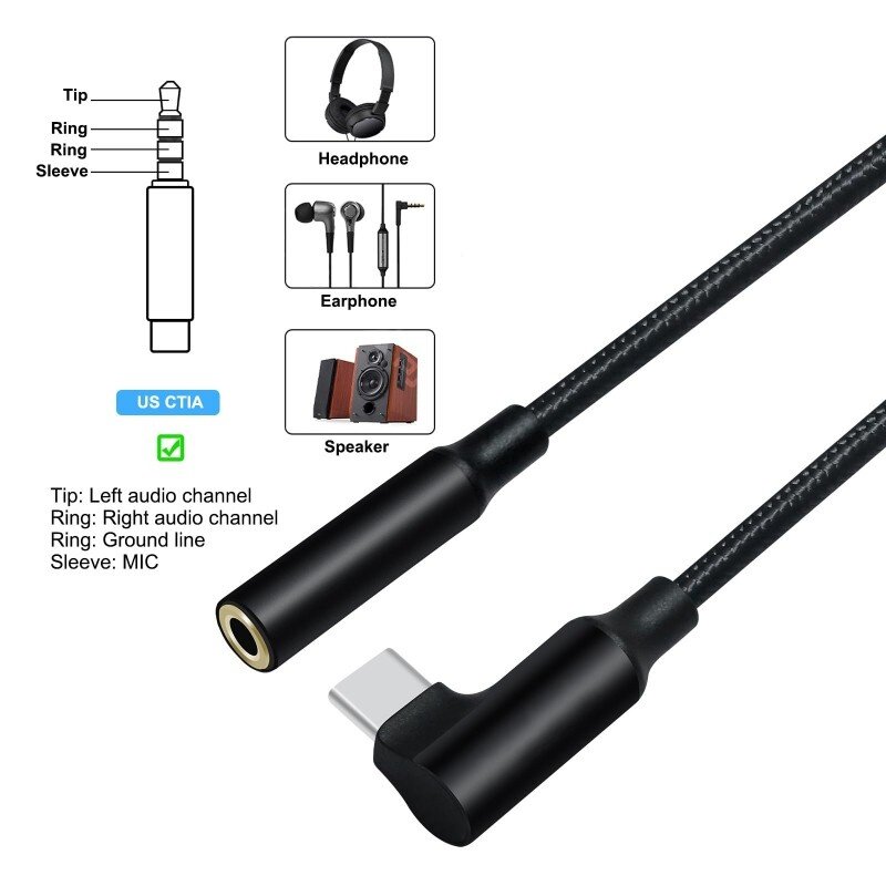 DTECH USB-C-Winkelstecker auf 3,5-mm-Audio-Adapterkabel – DCH-2932 – Schwarz