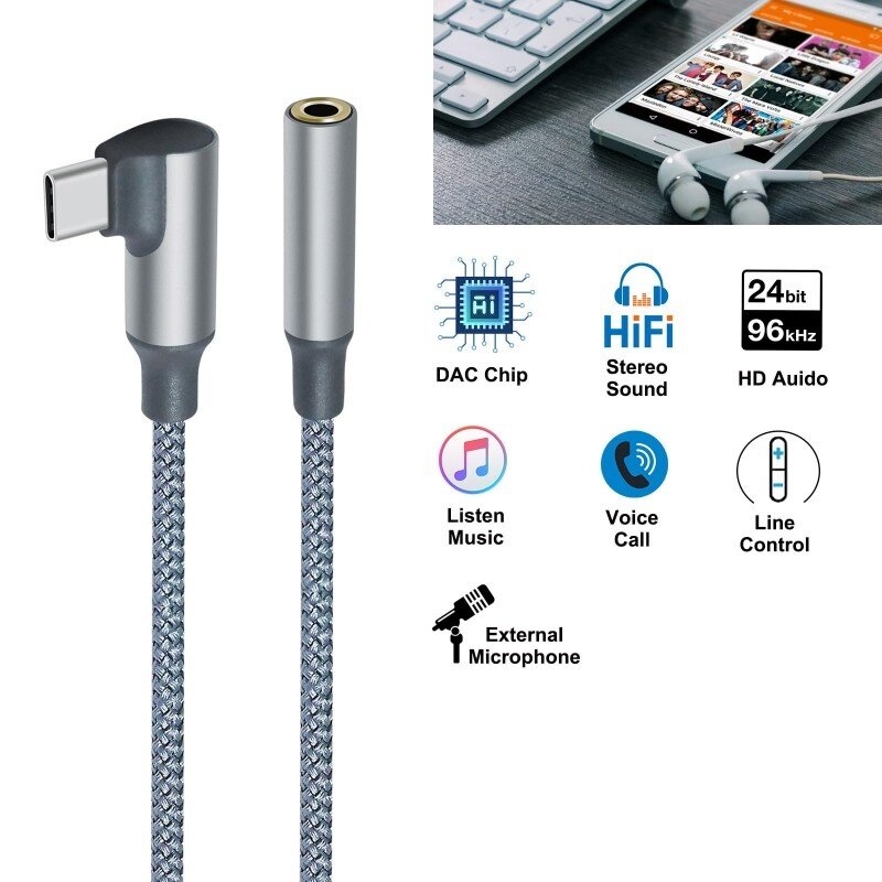 DTECH USB-C-Winkelstecker auf 3,5-mm-Audio-Adapterkabel – DCH-2933 – Grau