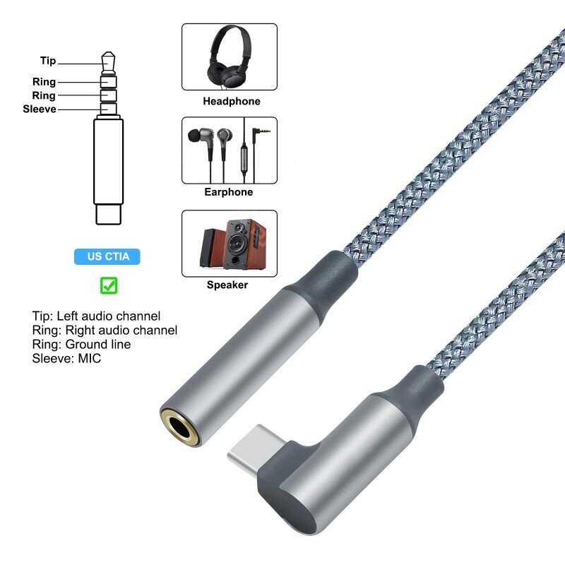 DTECH Cavo adattatore audio USB-C ad angolo retto da 3,5 mm - DCH-2933 - Grigio