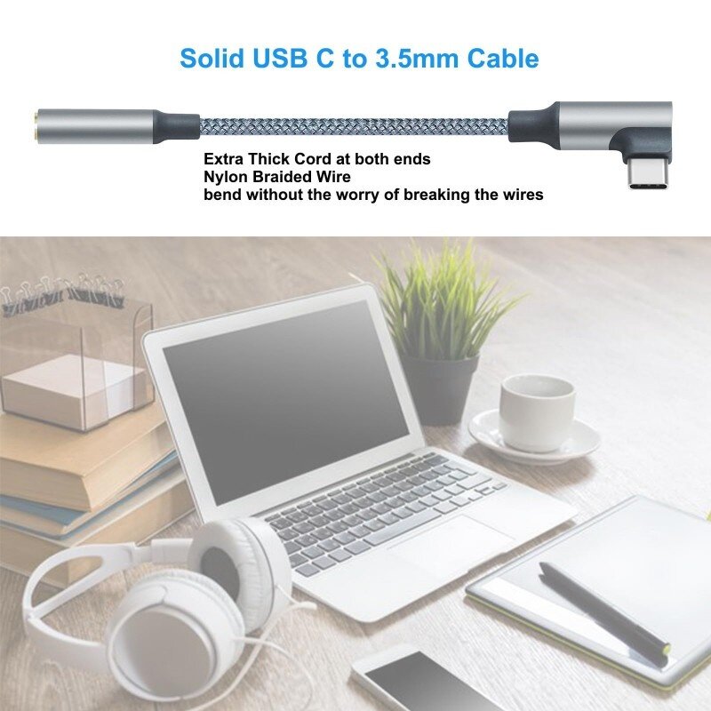 DTECH USB-C-Winkelstecker auf 3,5-mm-Audio-Adapterkabel – DCH-2933 – Grau
