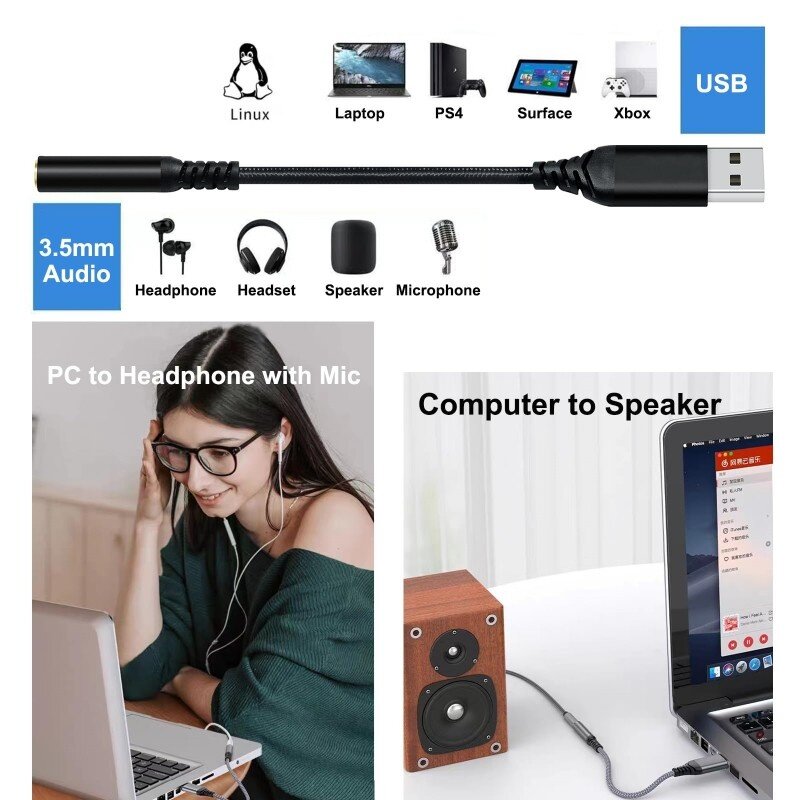 DTECH USB-auf-3,5-mm-Audio-Adapterkabel – DCH-2934 – Schwarz